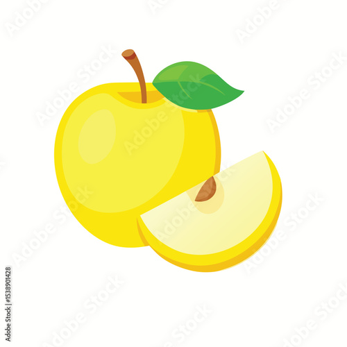 Bright yellow apple with a slice and leaf vector illustration isolated on white background