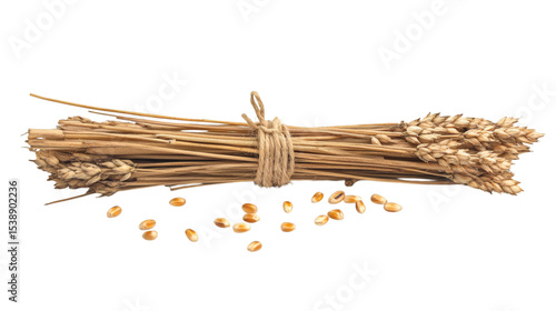 Rustic bundle of wheat stalks tied with twine and scattered grain kernels isolated on transparent background 