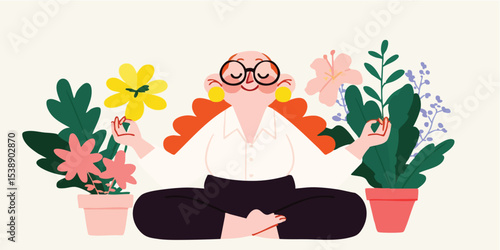 A woman finds inner peace amidst a vibrant floral embrace, illustrating mindfulness and serenity through a pose of meditation, symbolizing a tranquil connection with nature.