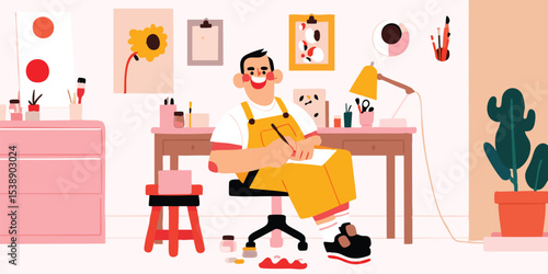 An artist in his creative space, sketching with passion and surrounded by tools of the trade, from the perspective of a delightful illustration.