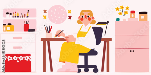 A young artist at her desk,...