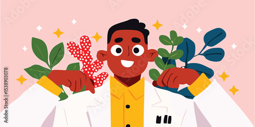 A cheerful biologist amidst lush foliage, representing nature and science through a symbolic illustration.