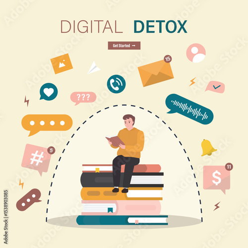 No using mobile phone. Smart man sitting on pile of books and read. Businessman turned off smart gadgets, digital detox. Freedom from internet, smartphones and social media