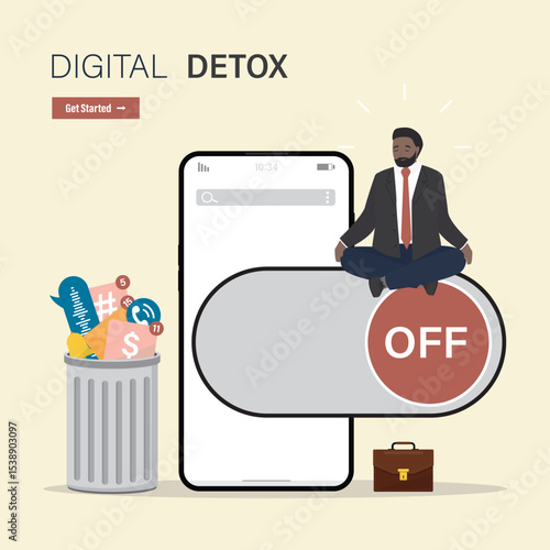 Calm man sitting lotus yoga pose and meditating. Businessman turned off smart gadgets, digital detox. No using mobile phone. Freedom and protection from internet