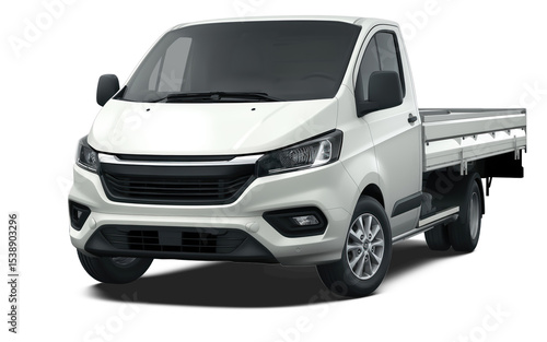 Modern fictional white compact dropside flatbed truck front left side corner angle view, isolated on white or transparent background
