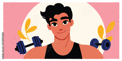 A determined man in fitness apparel with dumbbells, showcasing dedication to a healthy lifestyle. The illustration captures a moment of strength, commitment, and the essence of wellness.
