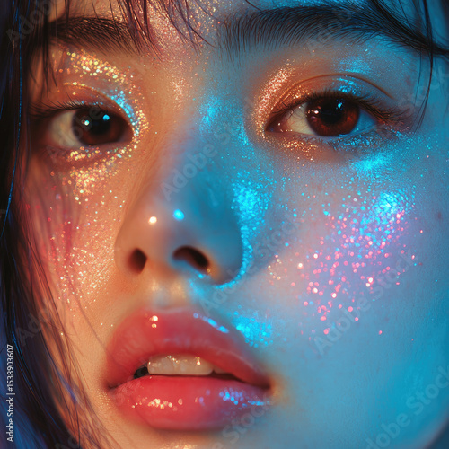 A beautiful woman's face in close-up. An illustration for facial skincare advertising. Suitable for printing on packaging, banners, and promotional materials, or as a creative print for T-shirts and f