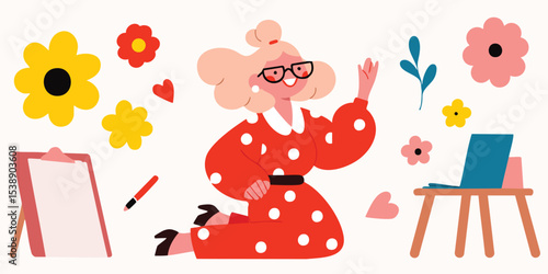 A charming illustration portrays a friendly educator amidst vibrant flowers, a laptop, and a notepad, welcoming her audience with warmth.