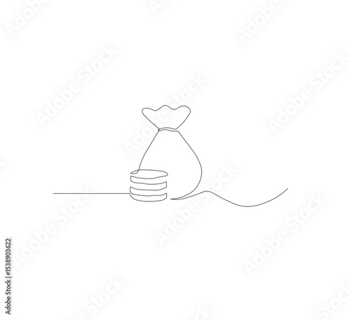 Continuous line drawing of money bag with dollar coins, white background money saving concept, business icon, one line object, single line art, hand drawn vector illustration