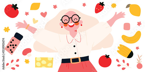 A cheerful illustration capturing a woman surrounded by vibrant food elements celebrating the joy of healthy eating and balanced living. 