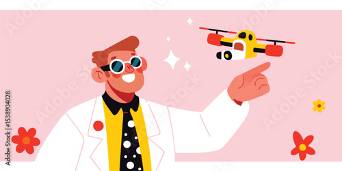 A cheerful scientist is observing and controlling the yellow drone with the index finger of the hand that shows the potential, technology, and fun with the pink background.