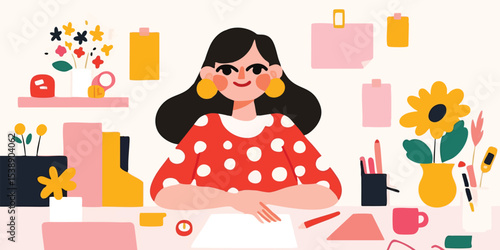 An illustrated, cheerful girl with dark hair sits at a clean desk surrounded by colorful stationary. Her composed smile suggest productivity and creativity at the heart of an inviting workspace. 