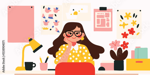 A creative woman sits at her desk in her studio, surrounded by design inspiration, with a look of contentment and happiness on her face. 