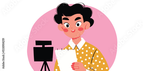 A young man holding a script, embodying the essence of storytelling and film production. He looks focused, ready to create the perfect scene.