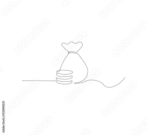 Continuous line drawing of money bag,white background,outline dollar money icon,business growth,one line object,single line art,vector illustration