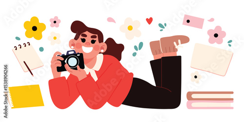 An enthusiastic photographer embraces her passion, camera in hand, surrounded by floral decorations and photography accessories, embodying artistic flair and creativity.