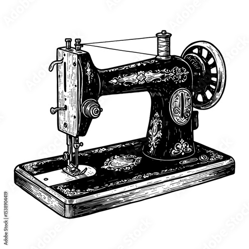 Classic Vintage Sewing Machine Detailed Isolated Object Black and White Outline Line Art Drawing Retro Craft Tool