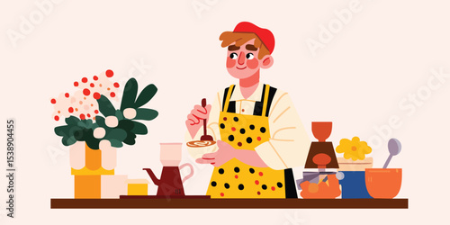 A cheerful barista prepares coffee in a warm, inviting cafe setting, surrounded by fresh flowers and coffee paraphernalia.