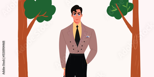 An illustration of a dapper gentleman, set against a backdrop of stylized trees and soft, muted tones. This artistic rendering exudes an air of refined elegance.