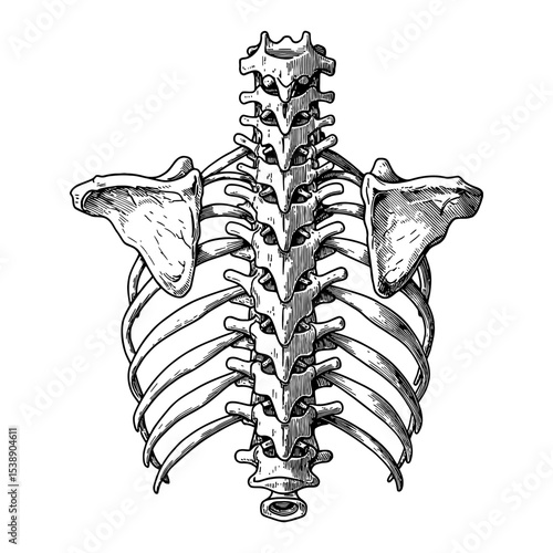 Anatomical Detailed Back View Human Vertebral Column Ribs Scapulae Black and White Outline Line Art Drawing