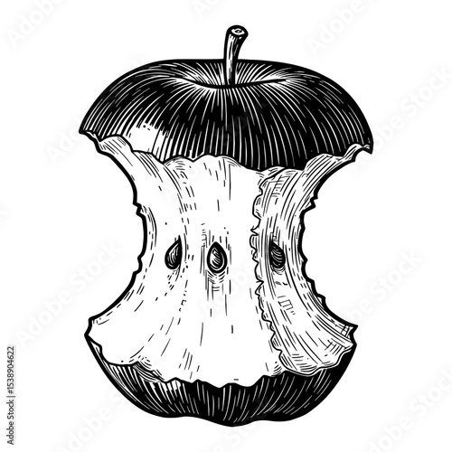 Detailed Bitten Apple Core with Seeds Vintage Black and White Outline Line Art Drawing Engraving Style Illustration