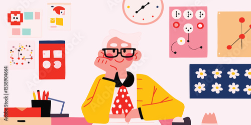 An elderly scientist is thoughtfully contemplating a complex idea in a colorful office setting, surrounded by intricate diagrams, illustrations of the potential and the future.