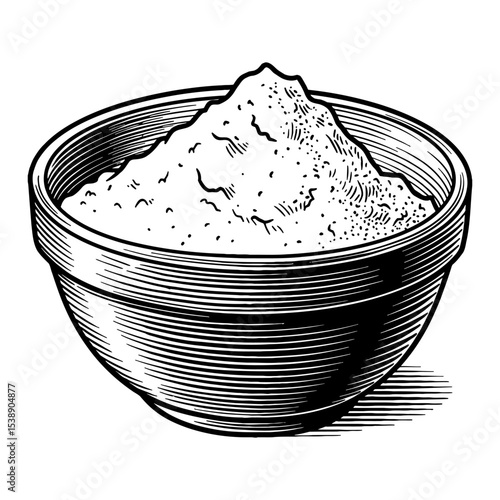 A generous amount of fine cooking flour ingredient in a deep bowl vintage Black and White Outline Line Art Drawing