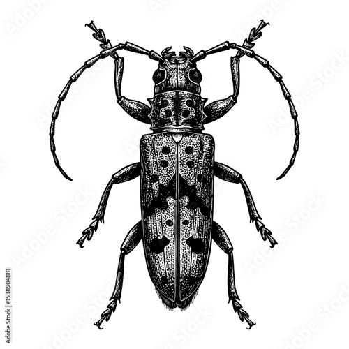 Longhorn Beetle Lophonocerus Barbicornus Black and White Outline Line Art Drawing Overhead View
