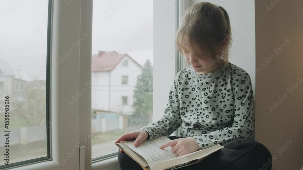 Young girl reading a book by the window. Natural light illuminates a young girl engrossed in her book, comfortably seated by a window, her finger tracing the lines as she delves into the story Young girl reading a book by the window. Natural light illuminates a young girl engrossed in her book, comfortably seated by a window, her finger tracing the lines as she delves into the story