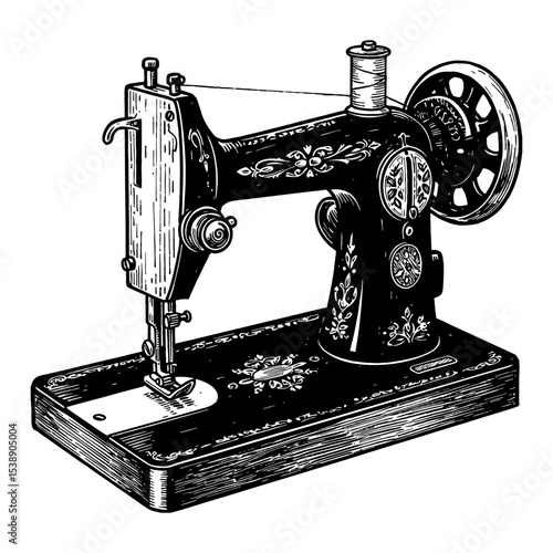 Vintage Antique Sewing Machine with Ornate Details Black and White Outline Line Art Drawing