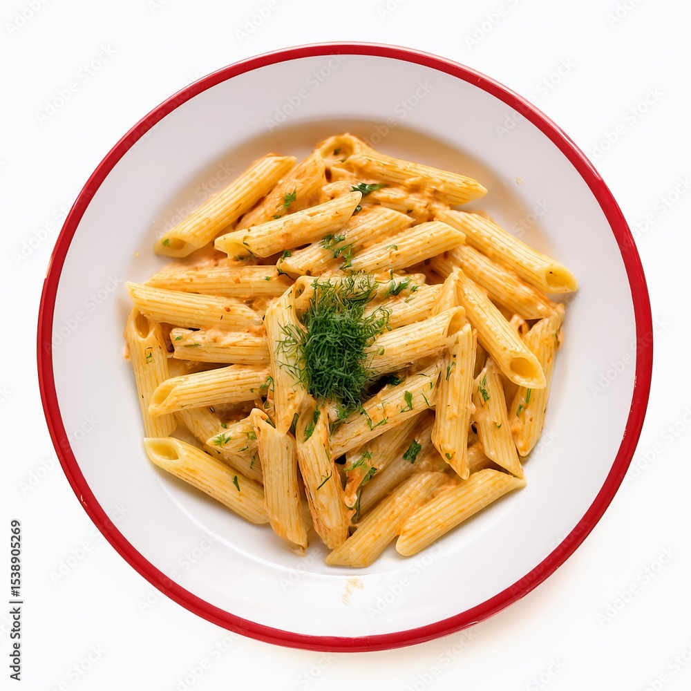 Delicious Penne Pasta with Creamy Tomato Sauce and Fresh Dill, Overhead Studio Shot on White Plate, Healthy Italian Cuisine Delicious Penne Pasta with Creamy Tomato Sauce and Fresh Dill, Overhead Studio Shot on White Plate, Healthy Italian Cuisine