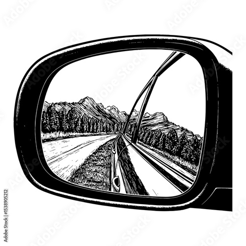 Serene Mountain Landscape Reflected in Automobile Sideview Mirror Black and White Outline Line Art Drawing