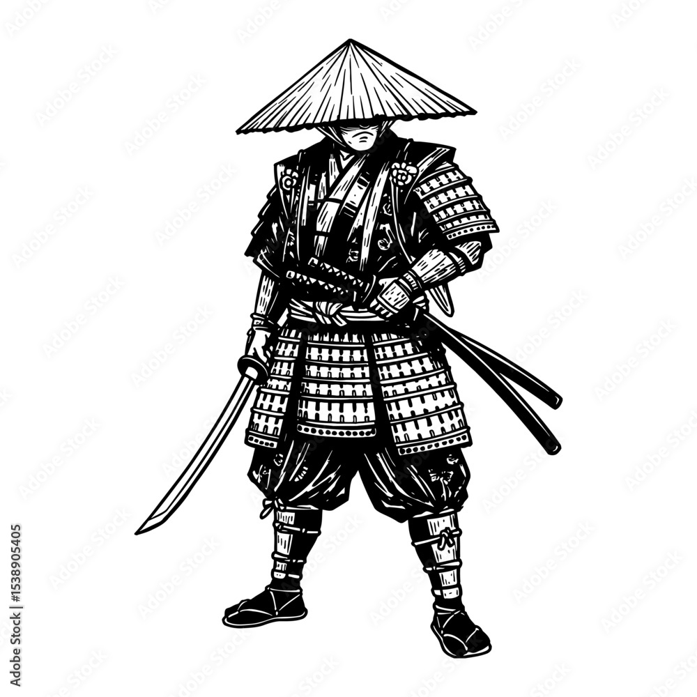 Obraz premium Traditional Japanese Samurai Warrior Full Body Shot Katana Black and White Outline Line Art Drawing