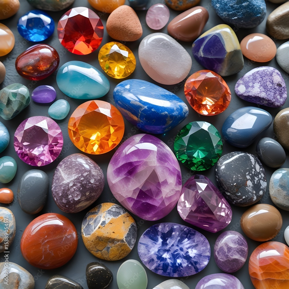 Collection of polished gemstones and tumbled stones Collection of polished gemstones and tumbled stones
