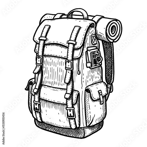 Adventurers Travel Backpack with Rolled Mat Vintage Black and White Outline Line Art Drawing