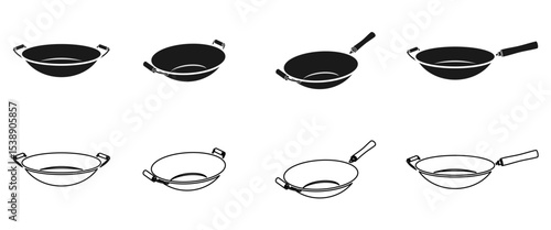 wok pan icon set vector illustration isolated on white background.