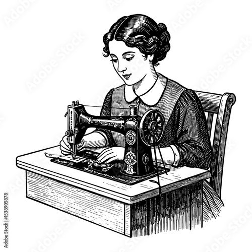 Vintage Woman at Sewing Machine Working Black and White Outline Line Art Drawing Illustration