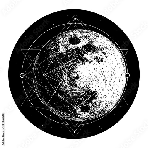 Intricate Moon and Sacred Geometry Black and White Outline Line Art Drawing Esoteric Celestial Body Design