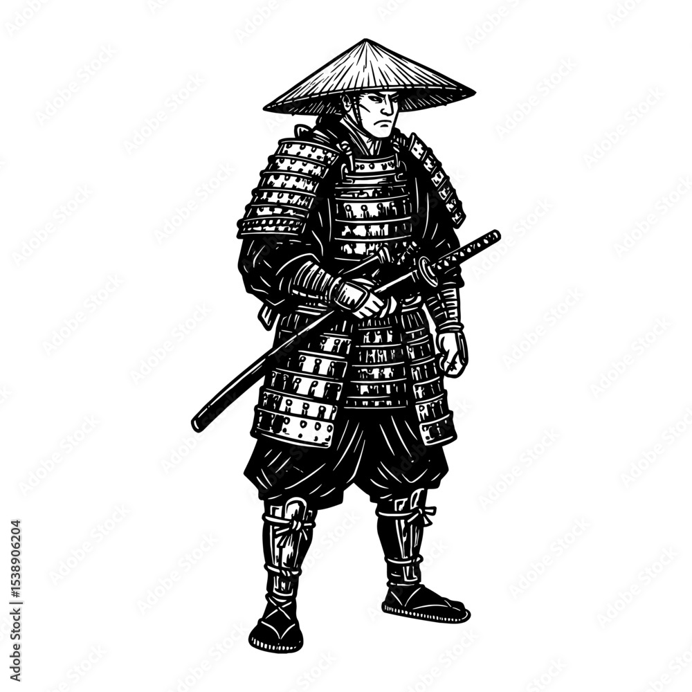 Fototapeta premium Traditional Japanese Samurai Full Body Shot in Armor Holding Katana Black and White Outline Line Art Drawing