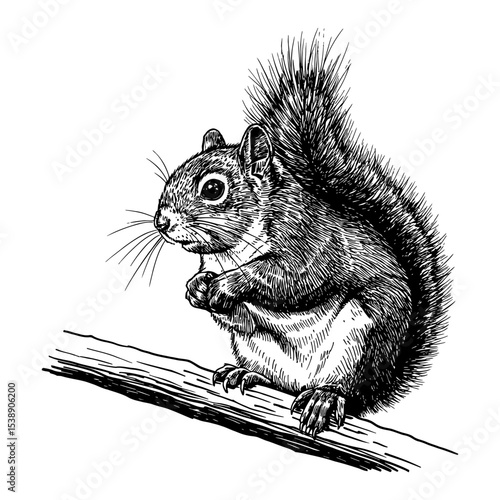 Detailed Squirrel Sitting on a Branch Black and White Outline Line Art Drawing Vector Illustration