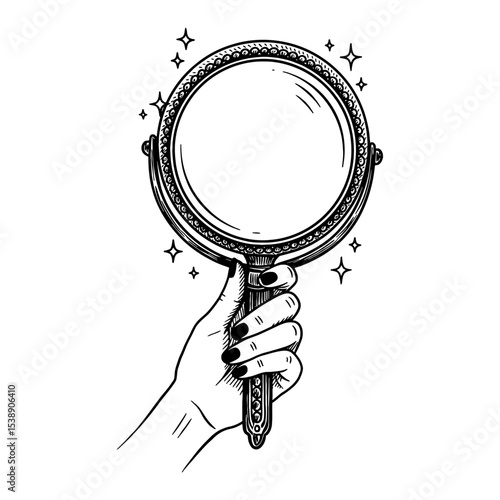 Female Hand Holding Round Mirror with Sparkling Elements Black and White Outline Line Art Drawing Illustration