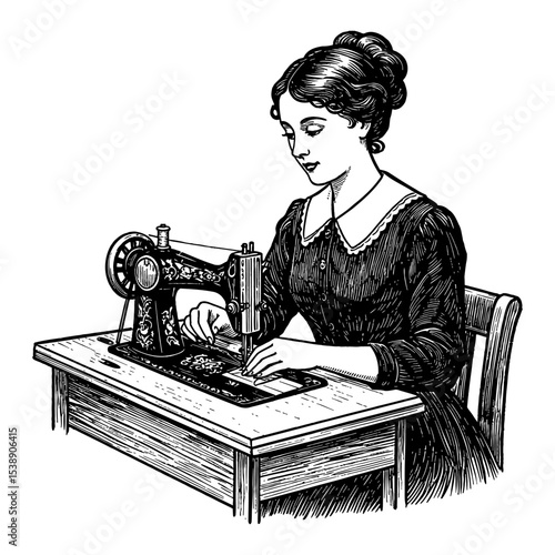 Vintage Woman Sewing Machine Illustration Black and White Outline Line Art Drawing Retro Style