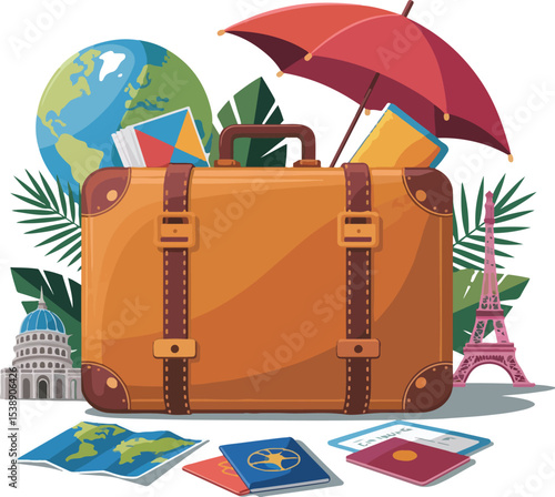 Travel suitcase with globe, Eiffel Tower, leaning tower of Pisa, and travel tickets