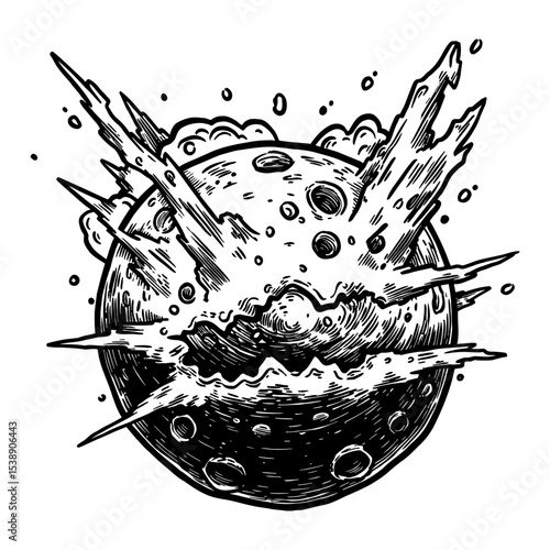 Destroyed Exploding Moon with Debris and Craters Black and White Outline Line Art Drawing