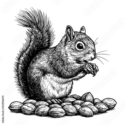 Black and White Outline Line Art Drawing of a Squirrel Eating a Nut on a Pile of Nuts