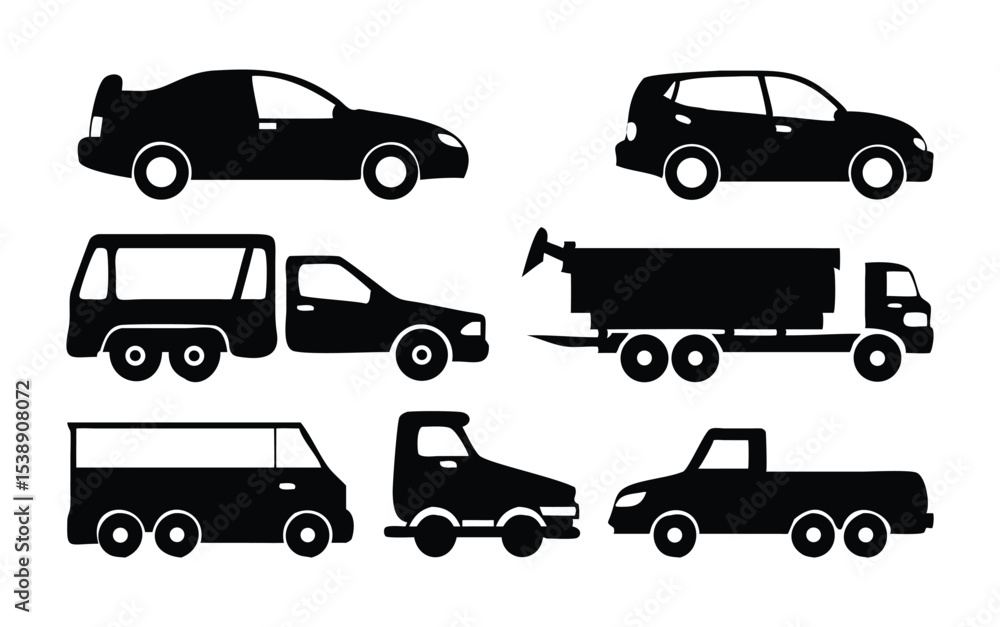 Diverse Black Vehicle Silhouette Vector Set for Transportation and Logistics Design Projects Diverse Black Vehicle Silhouette Vector Set for Transportation and Logistics Design Projects