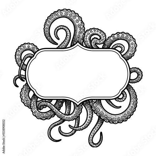 Tentacles Frame Design Blank Label Black and White Outline Line Art Drawing Vintage Engraving Style