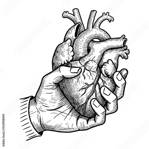 A Human Hand Holding an Anatomical Heart in Vintage Black and White Outline Line Art Drawing