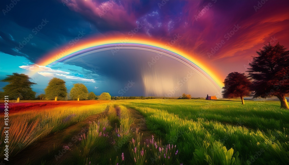 Obraz premium Vibrant Rainbow Arcs Over Lush Green Fields and Trees Under Dramatic Sky - Beautiful Landscape Photography