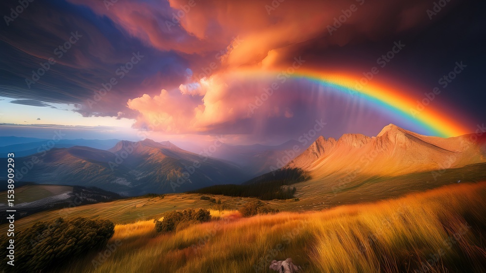 Obraz premium Majestic Rainbow Arcs Over Mountain Peaks During Stunning Sunset, Illuminated Landscape Scene, Colorful Sky, Nature's Beauty, Dramatic Clouds